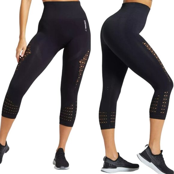 GYMSHARK Energy+ Seamless Stretch Cropped Eyelet Leggings Contoured - Black - L - Picture 1 of 12